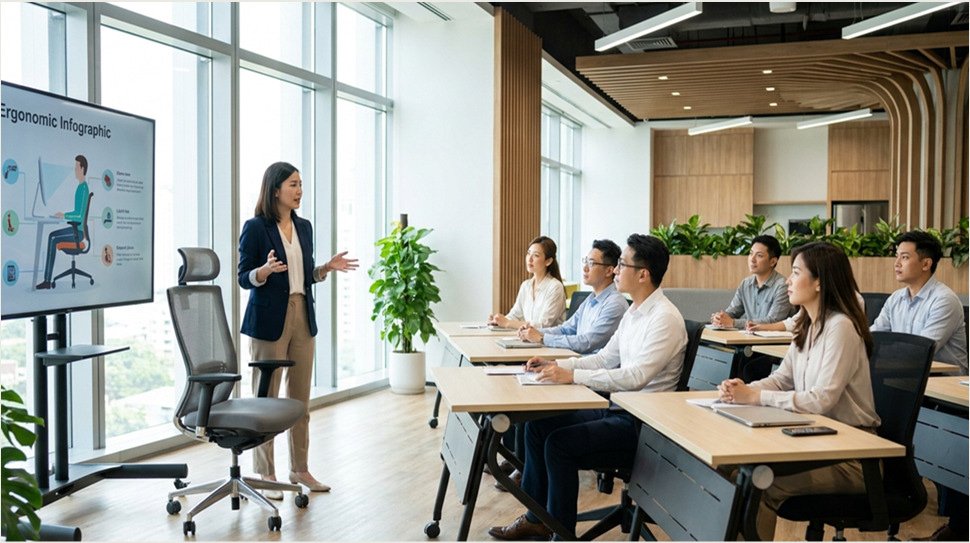 Posture talk in a seminar room with an ergonomic chair