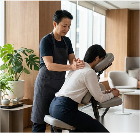 Therapist giving a seated shoulder massage in an office